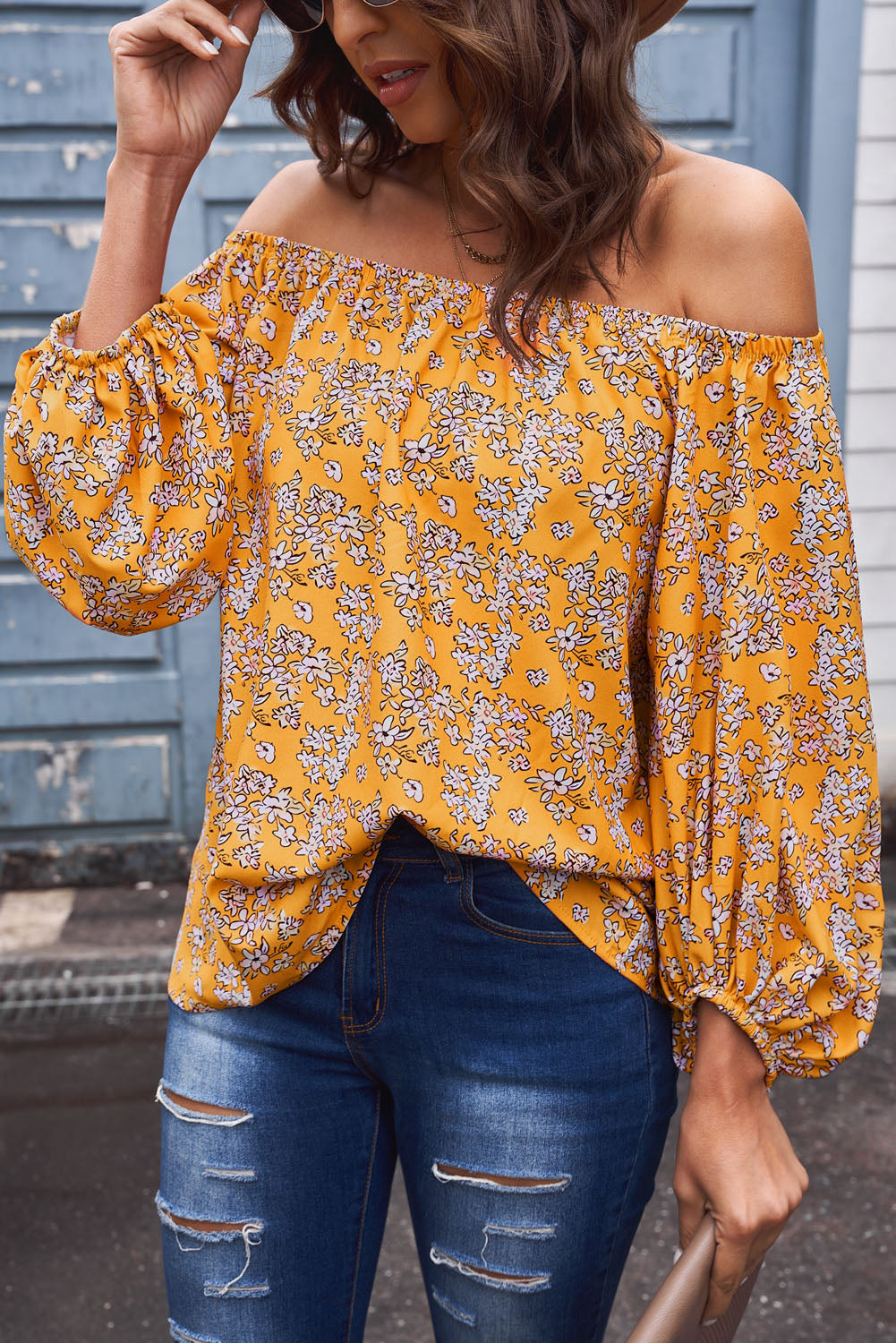 Off-Shoulder Balloon Sleeve Top Print on any thing USA/STOD clothes