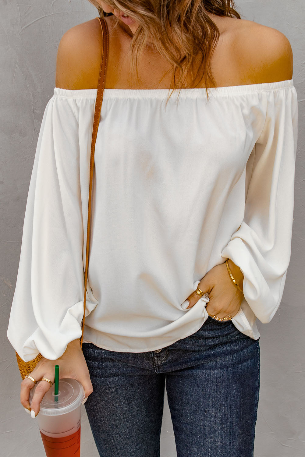 Off-Shoulder Balloon Sleeve Top Print on any thing USA/STOD clothes