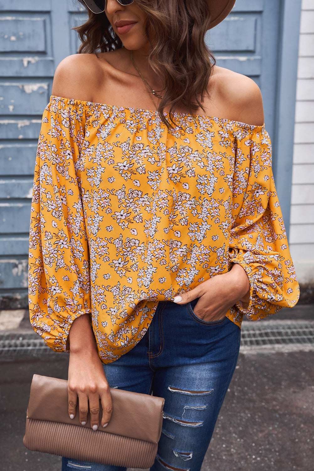 Off-Shoulder Balloon Sleeve Top Print on any thing USA/STOD clothes