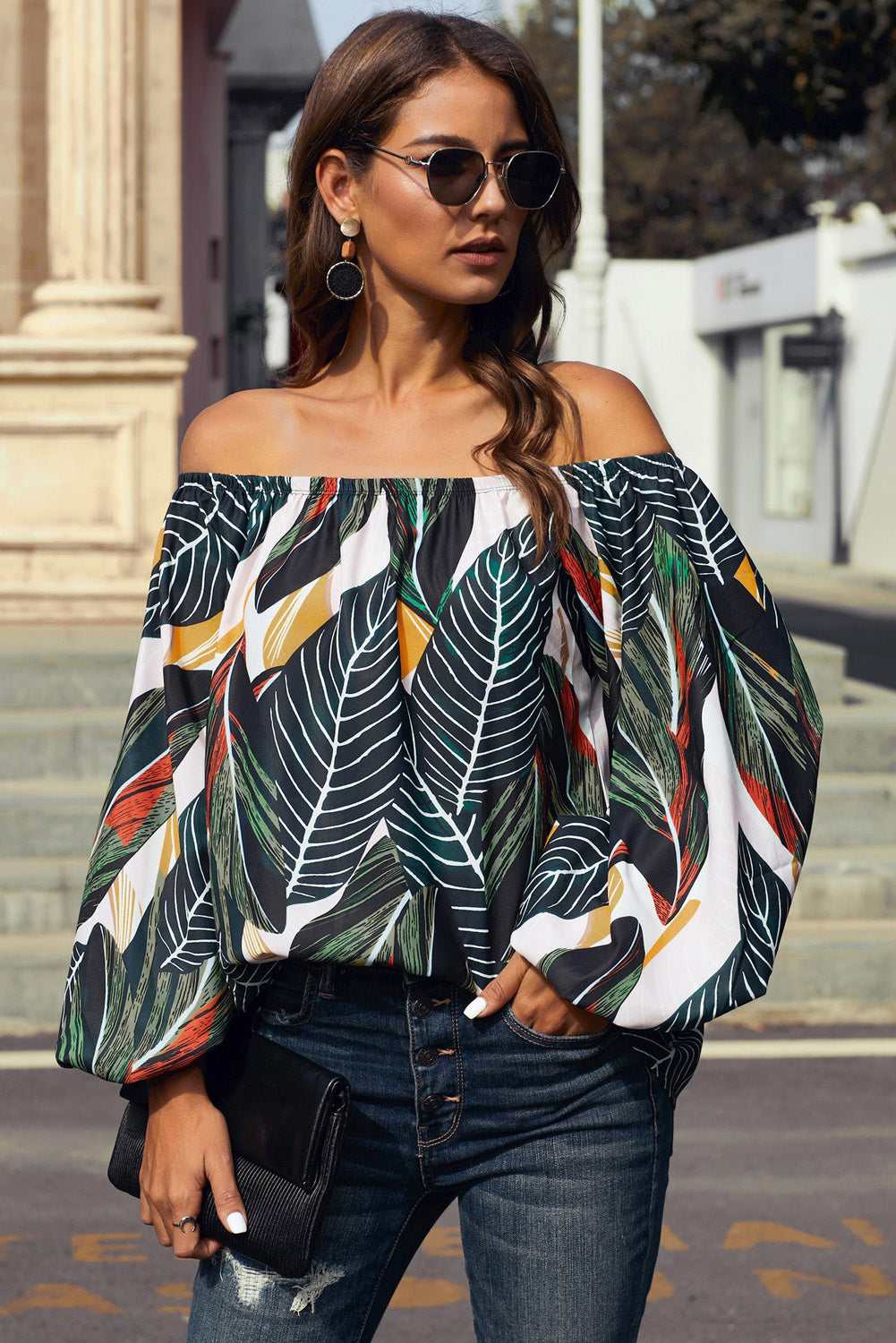 Off-Shoulder Balloon Sleeve Top Print on any thing USA/STOD clothes