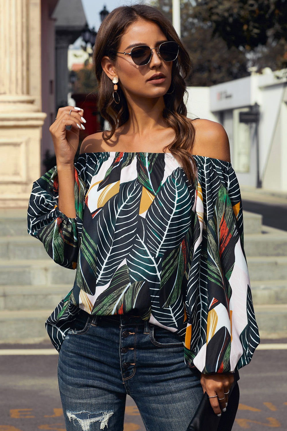 Off-Shoulder Balloon Sleeve Top Print on any thing USA/STOD clothes