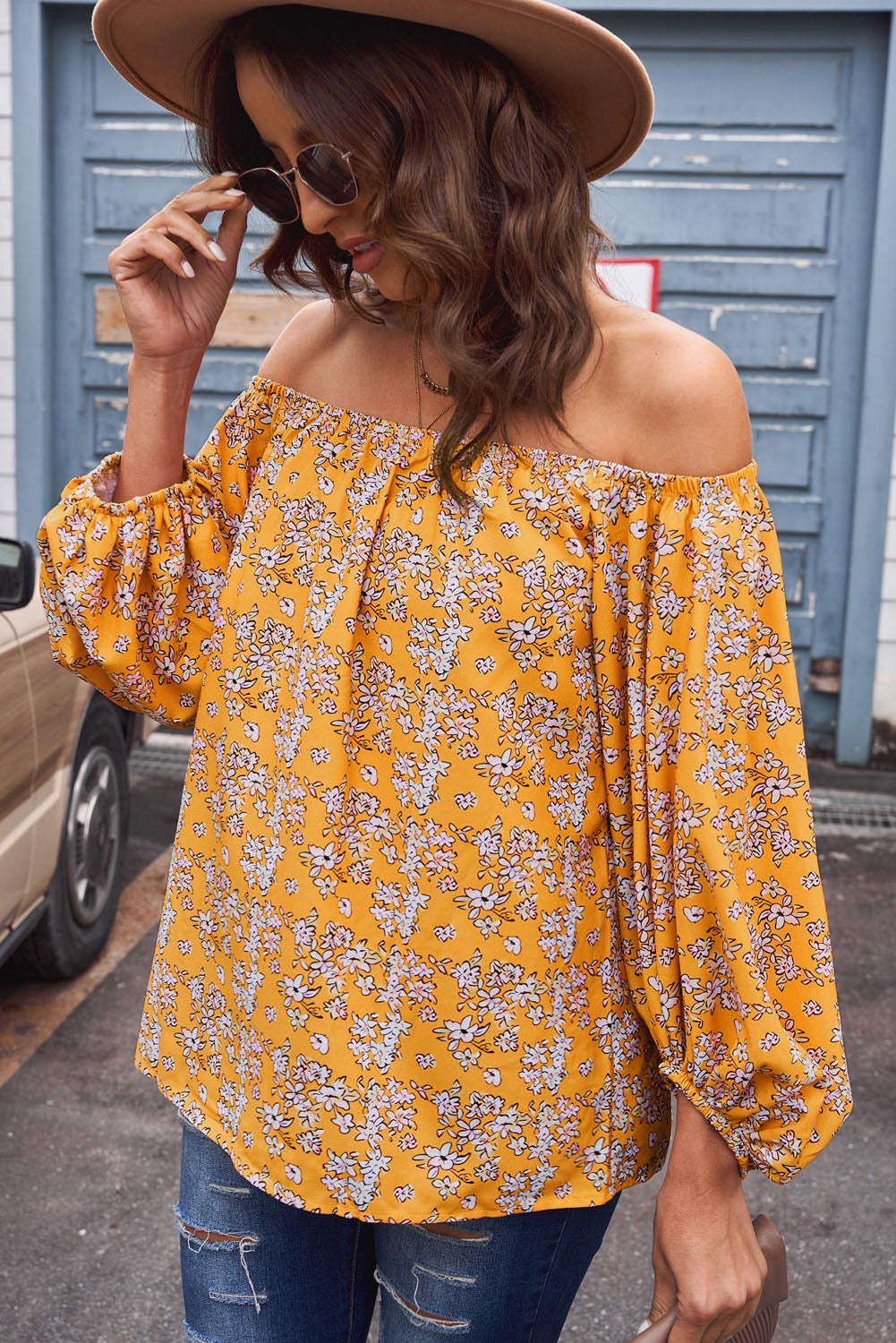 Off-Shoulder Balloon Sleeve Top Print on any thing USA/STOD clothes