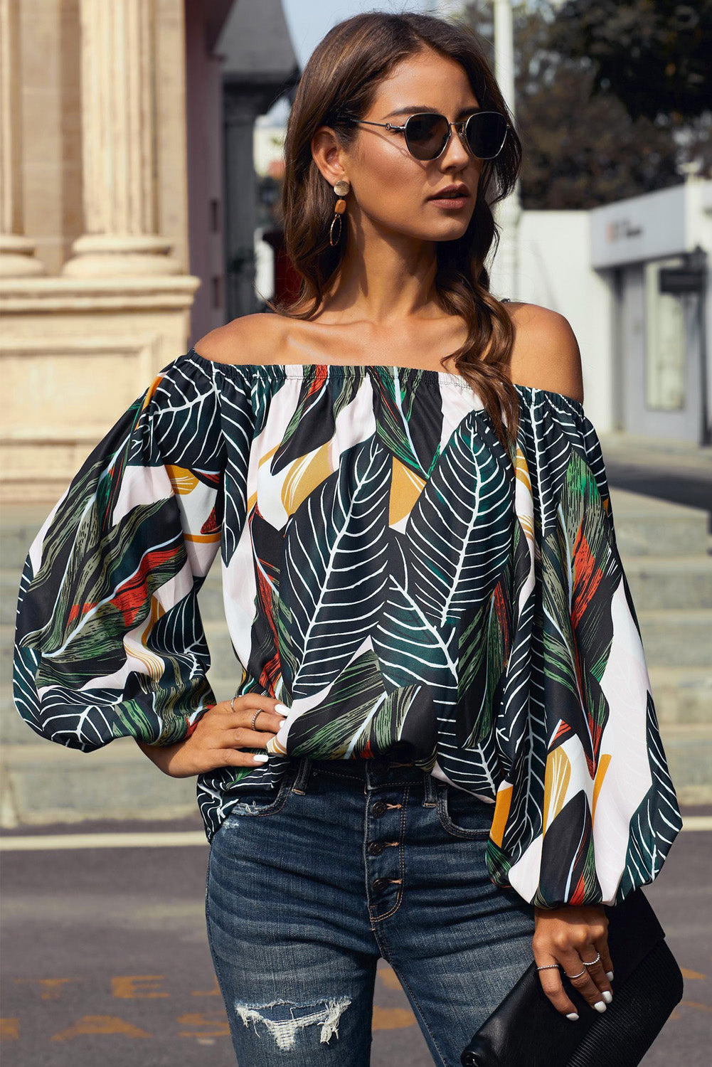 Off-Shoulder Balloon Sleeve Top Print on any thing USA/STOD clothes