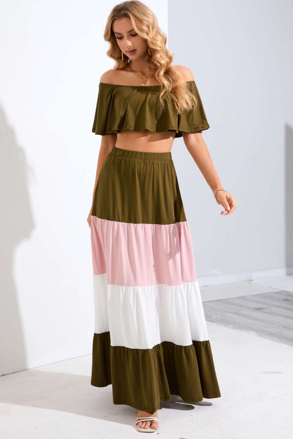 Off-Shoulder Crop Top and Color Block Tiered Skirt Set Print on any thing USA/STOD clothes