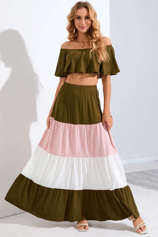 Off-Shoulder Crop Top and Color Block Tiered Skirt Set Print on any thing USA/STOD clothes