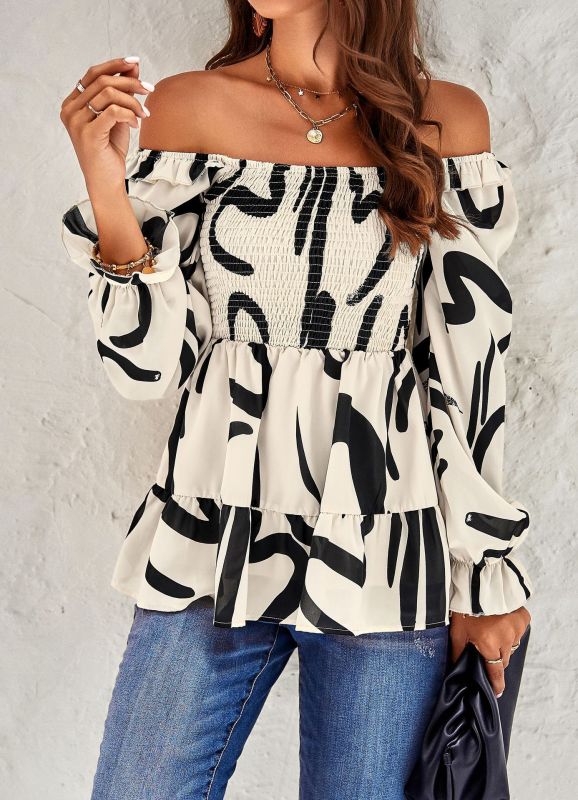 Women's Square Neck Casual Printed Long Sleeve Top