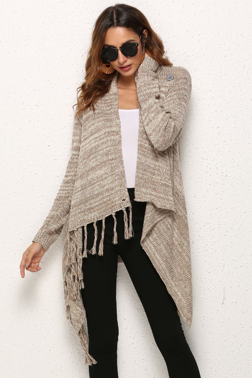 One-Button Tassel Tie Asymmetrical Hem Cardigan Print on any thing USA/STOD clothes