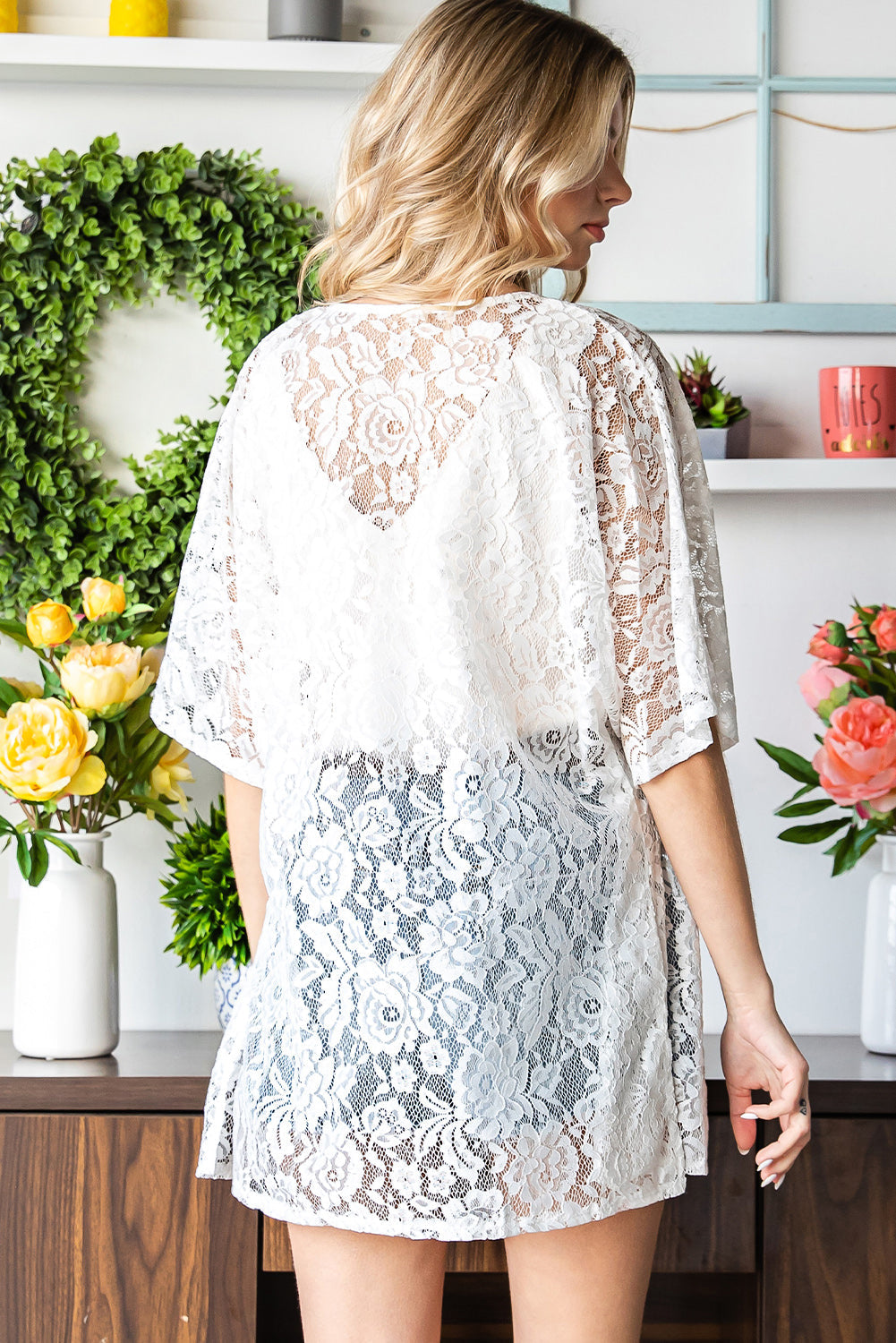 Open Front Half Sleeve Lace Cardigan Print on any thing USA/STOD clothes