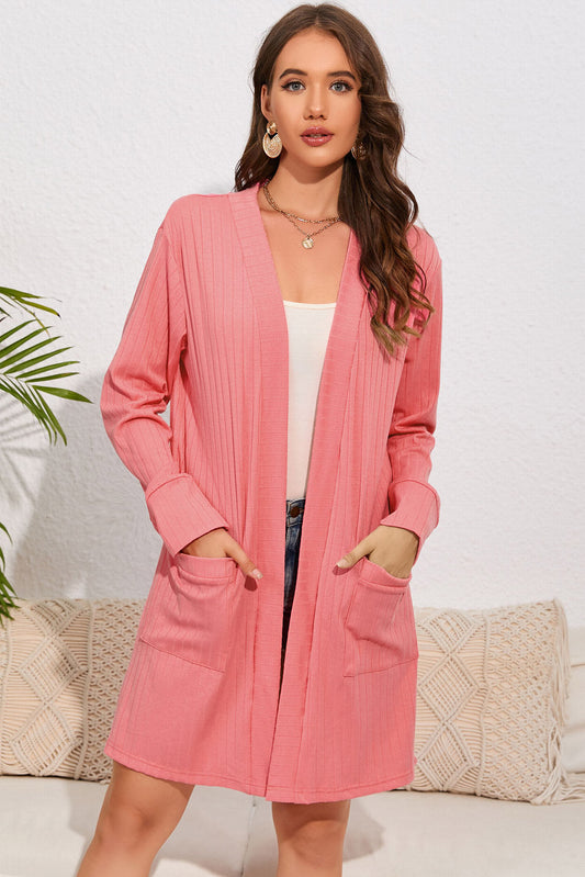 Open Front Long Sleeve Longline Cardigan with Pockets Print on any thing USA/STOD clothes