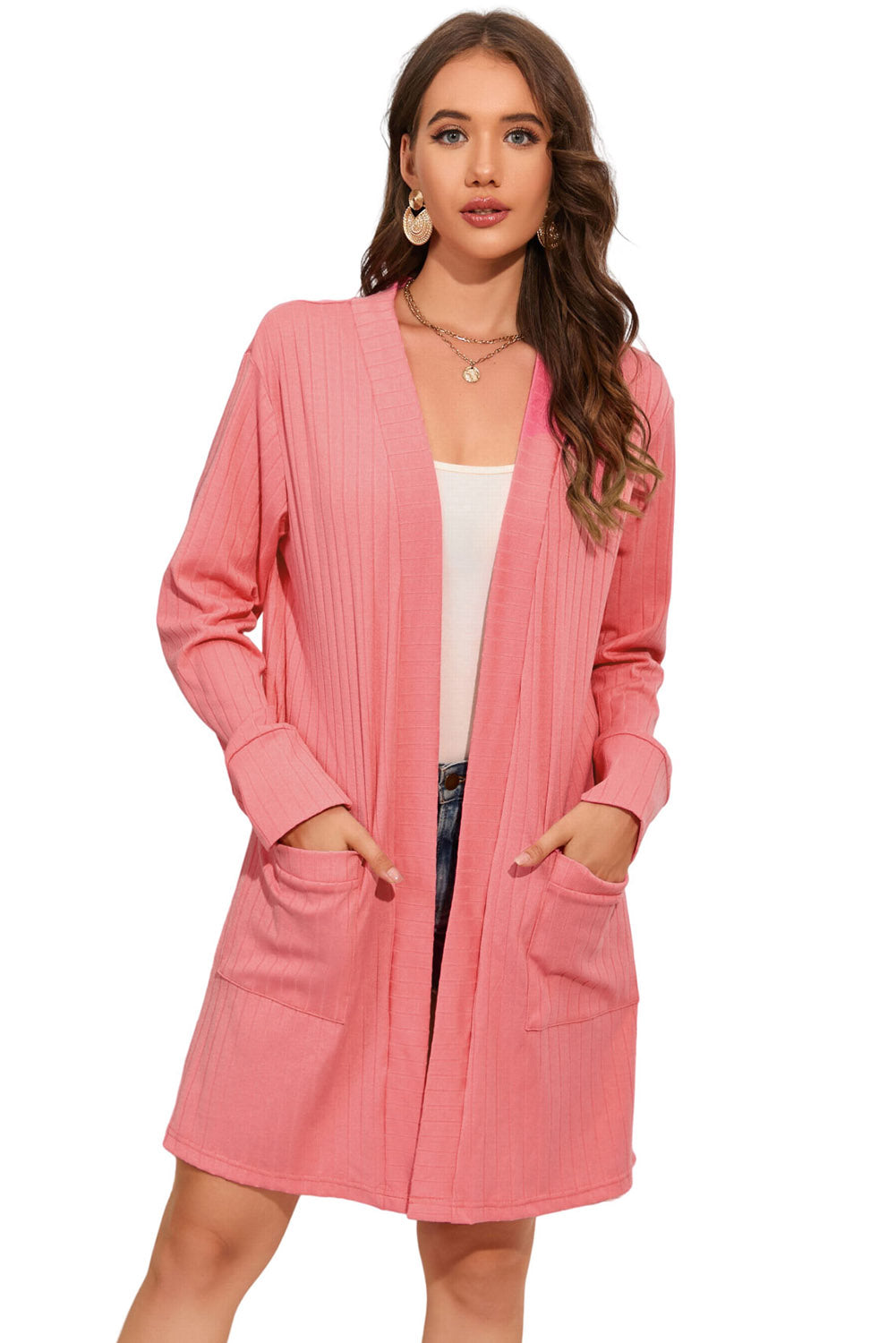 Open Front Long Sleeve Longline Cardigan with Pockets Print on any thing USA/STOD clothes
