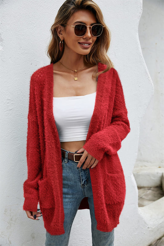 Open Front Openwork Fuzzy Cardigan with Pockets Print on any thing USA/STOD clothes