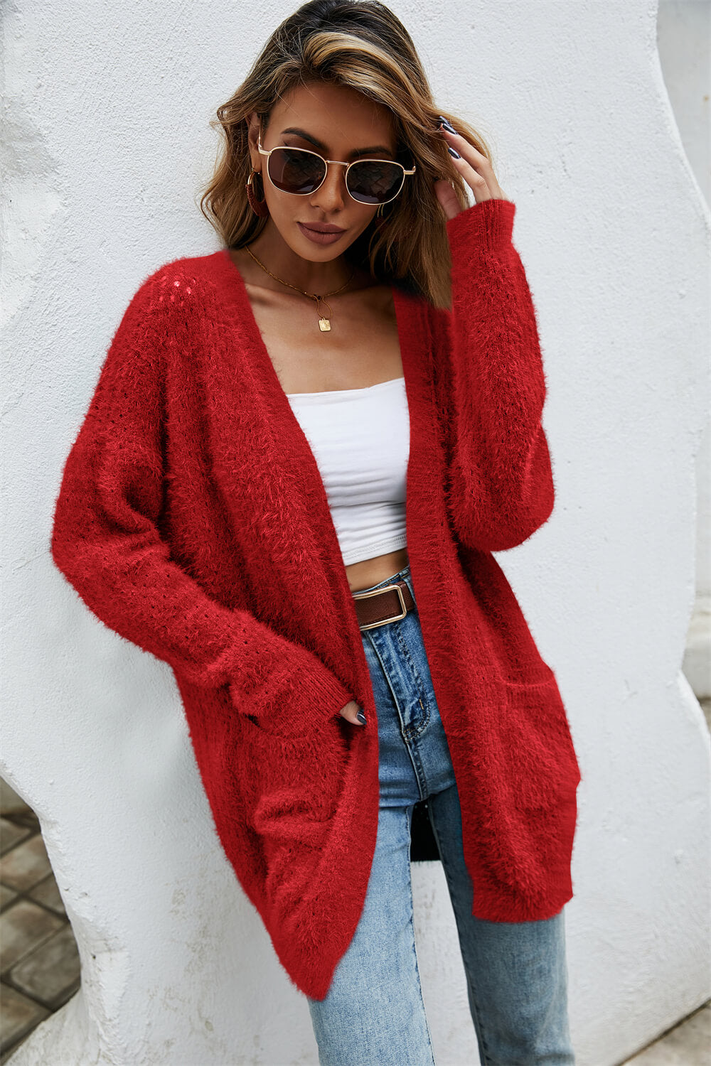 Open Front Openwork Fuzzy Cardigan with Pockets Print on any thing USA/STOD clothes