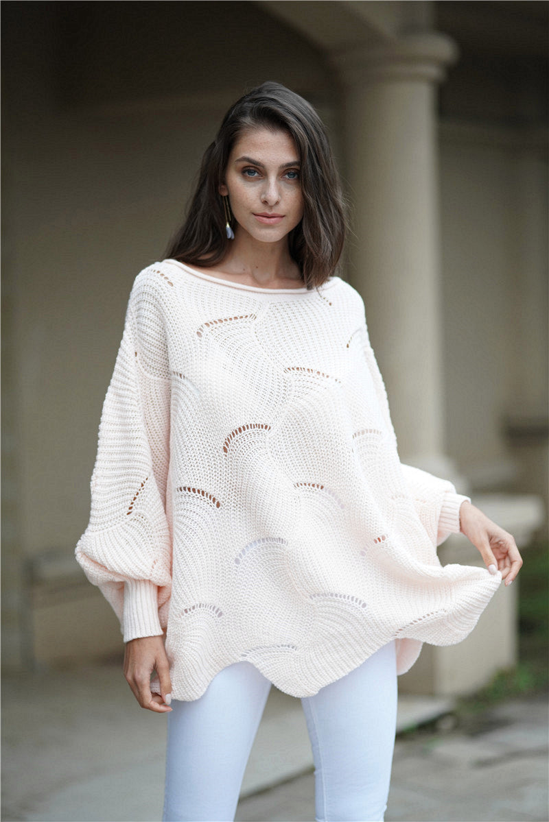 Openwork Boat Neck Sweater with Scalloped Hem Print on any thing USA/STOD clothes