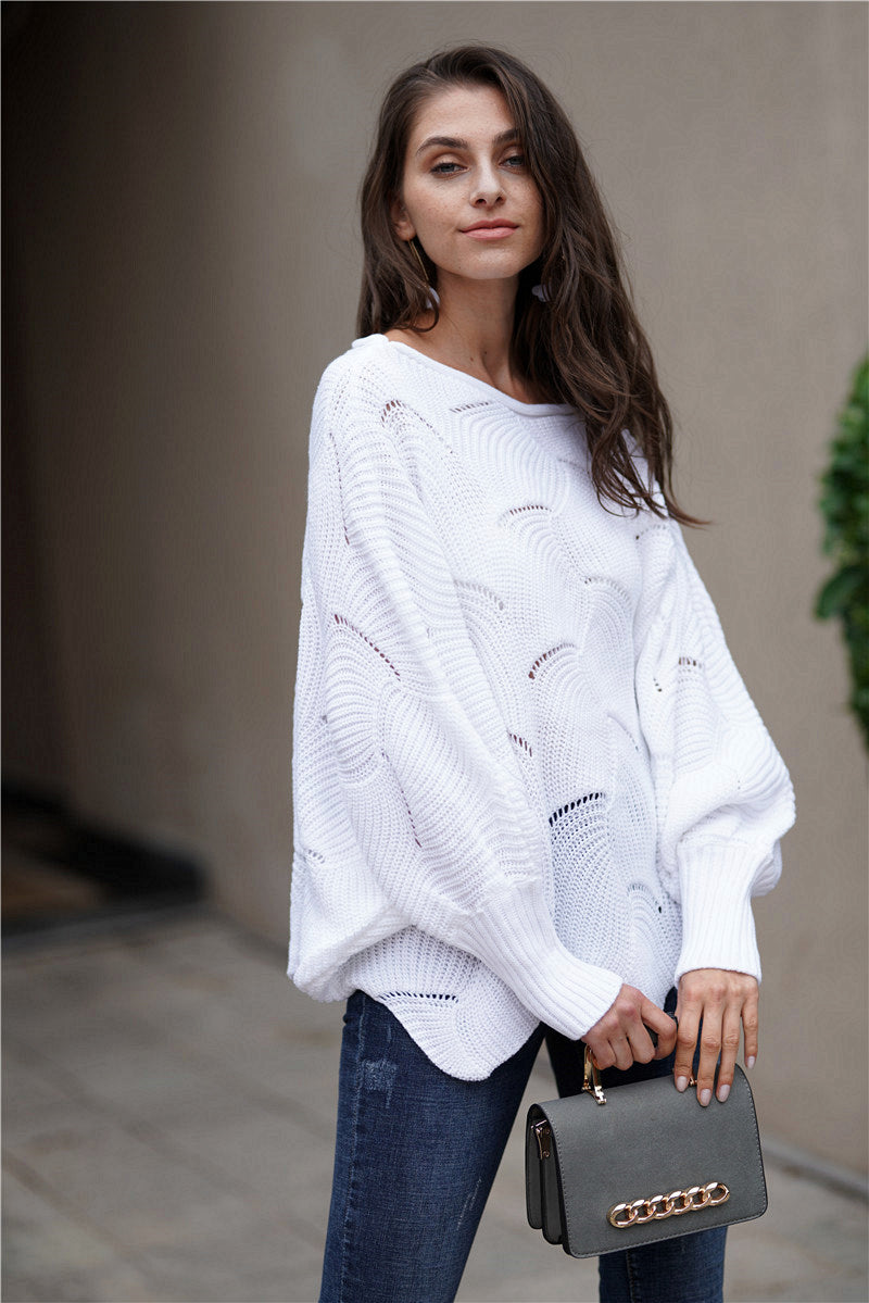 Openwork Boat Neck Sweater with Scalloped Hem Print on any thing USA/STOD clothes