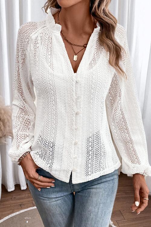Openwork Button Up Long Sleeve Shirt Print on any thing USA/STOD clothes