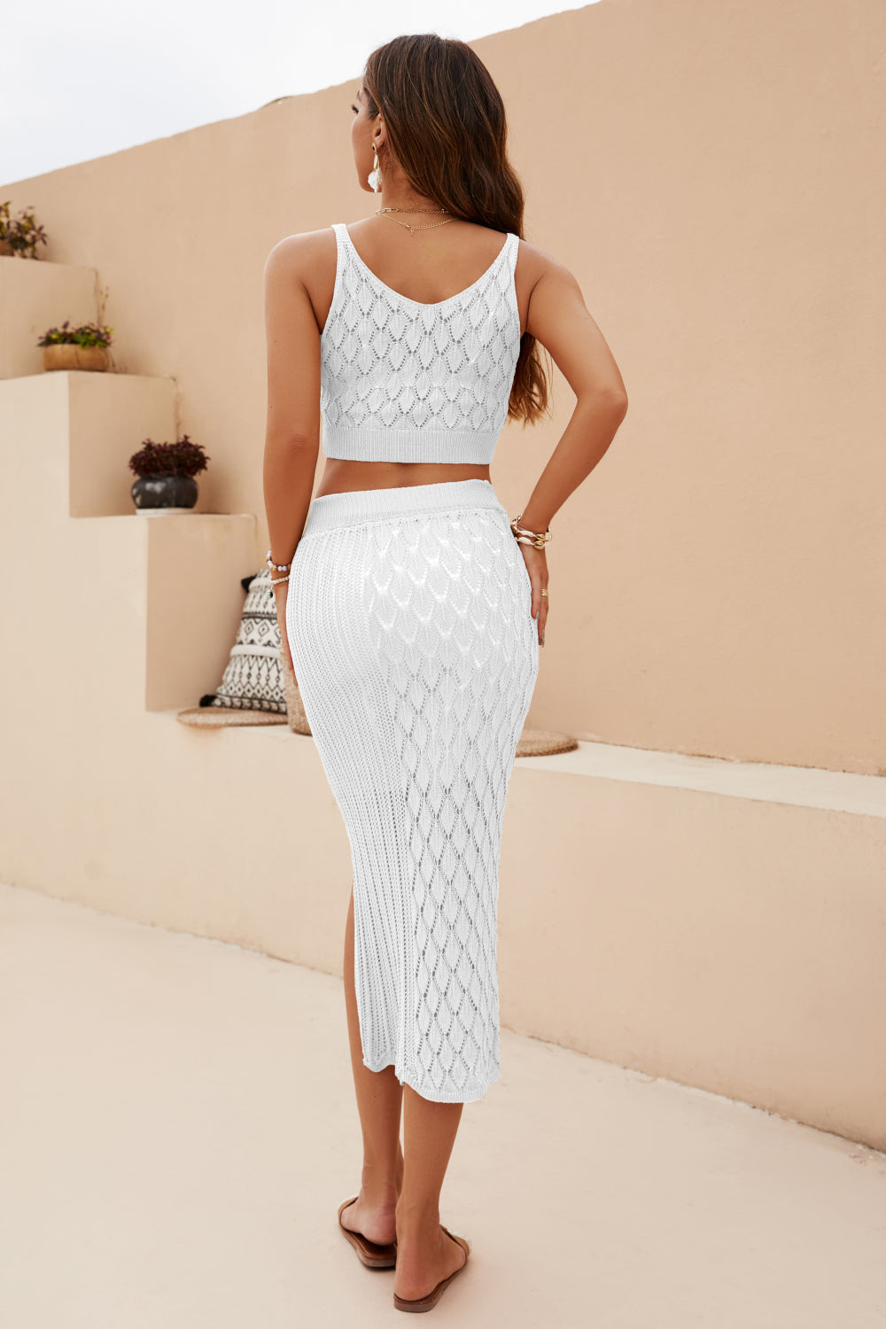 Openwork Cropped Tank and Split Skirt Set Print on any thing USA/STOD clothes