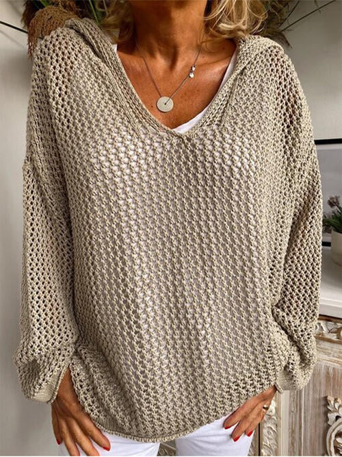 Openwork Hooded Long Sleeve Sweater Print on any thing USA/STOD clothes