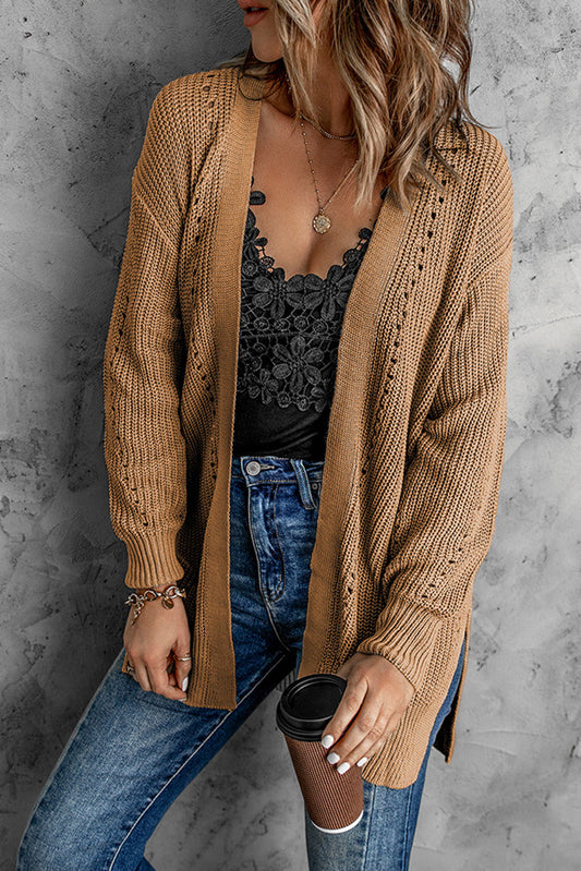 Openwork Rib-Knit Slit Cardigan with Pockets Print on any thing USA/STOD clothes