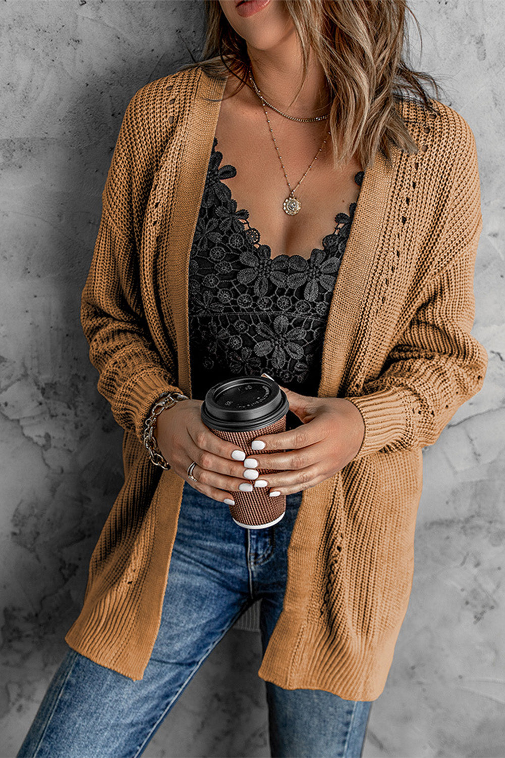 Openwork Rib-Knit Slit Cardigan with Pockets Print on any thing USA/STOD clothes