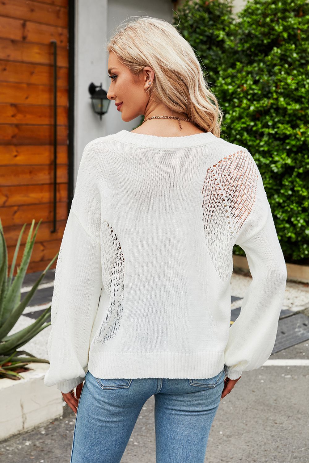Openwork Round Neck Dropped Shoulder Knit Top Print on any thing USA/STOD clothes