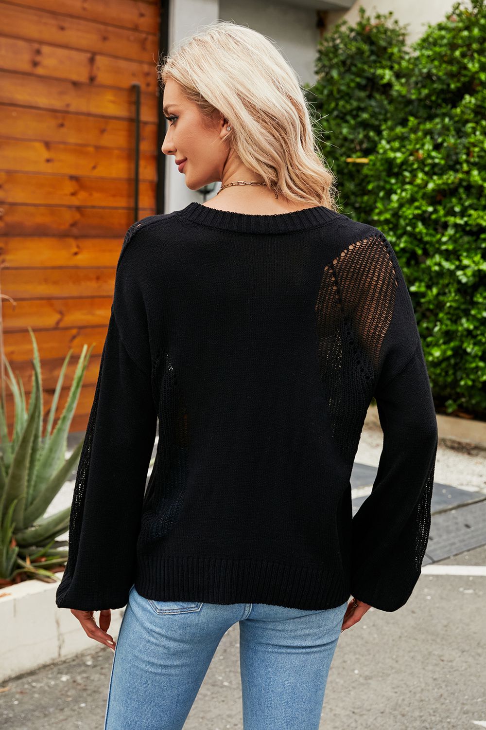 Openwork Round Neck Dropped Shoulder Knit Top Print on any thing USA/STOD clothes