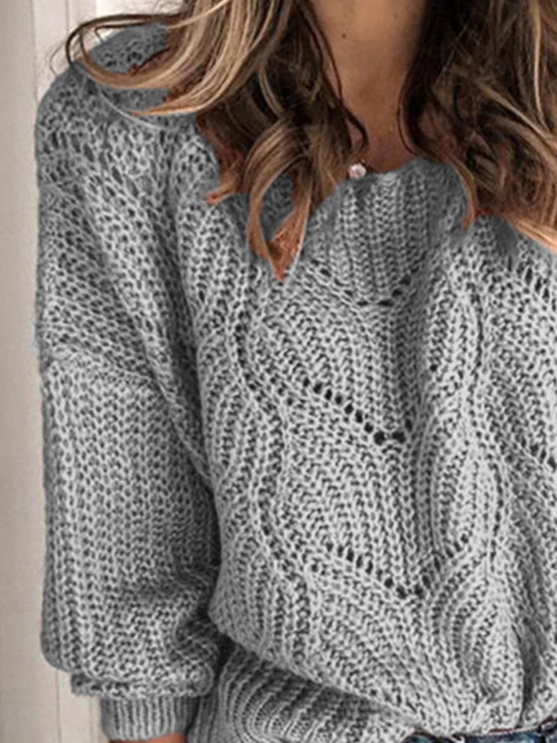 Openwork Round Neck Sweater Print on any thing USA/STOD clothes