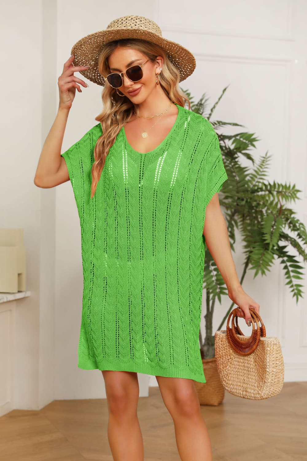 Openwork Side Slit Knit Dress Print on any thing USA/STOD clothes