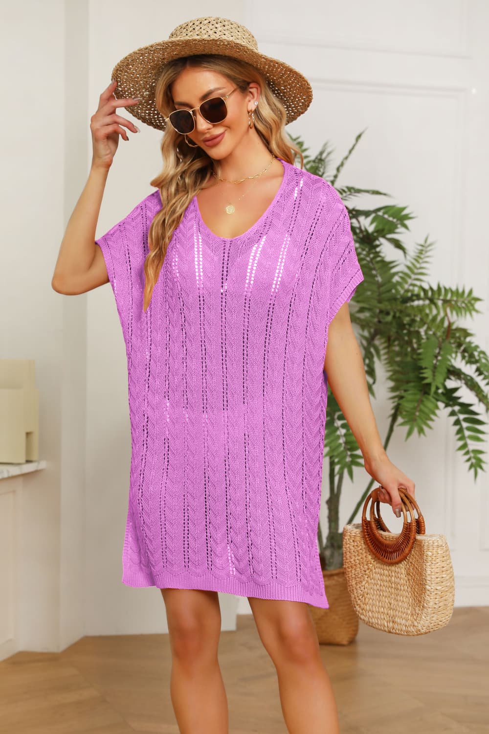 Openwork Side Slit Knit Dress Print on any thing USA/STOD clothes