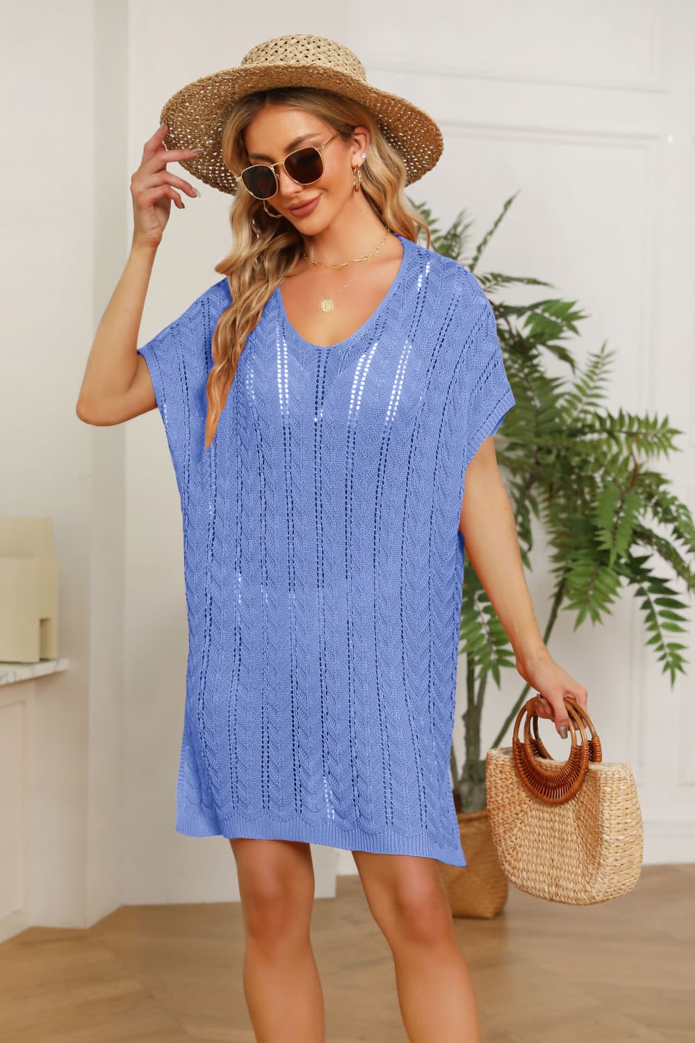 Openwork Side Slit Knit Dress Print on any thing USA/STOD clothes