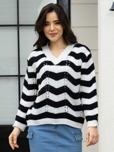 Openwork Striped V-Neck Sweater Print on any thing USA/STOD clothes