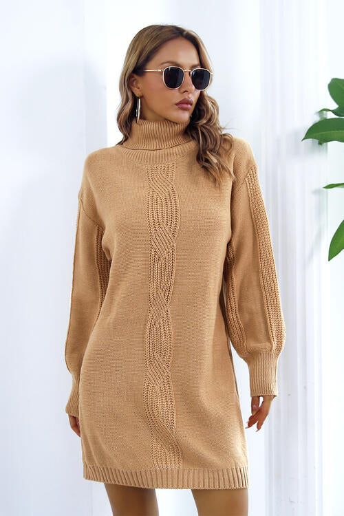 Openwork Turtleneck Long Sleeve Sweater Dress Print on any thing USA/STOD clothes