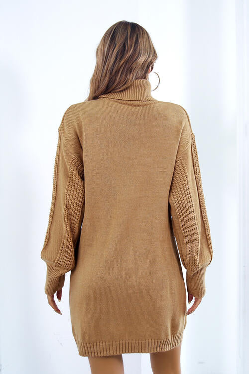 Openwork Turtleneck Long Sleeve Sweater Dress Print on any thing USA/STOD clothes