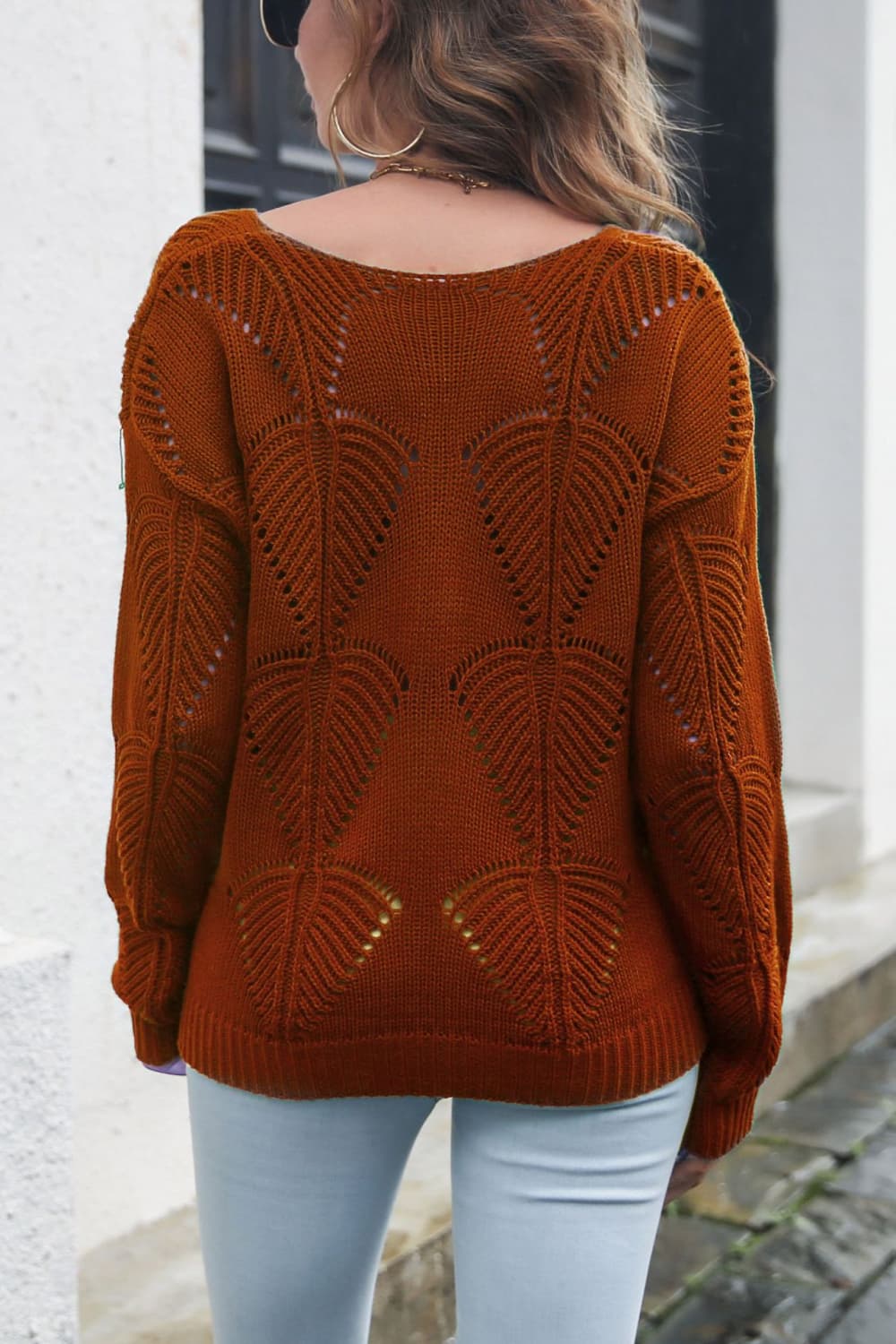 Openwork V-Neck Dropped Shoulder Sweater Print on any thing USA/STOD clothes