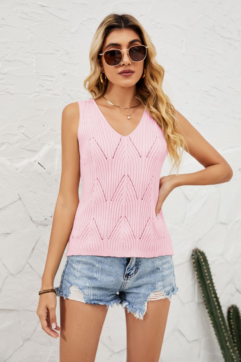 Openwork V-Neck Knit Top Print on any thing USA/STOD clothes