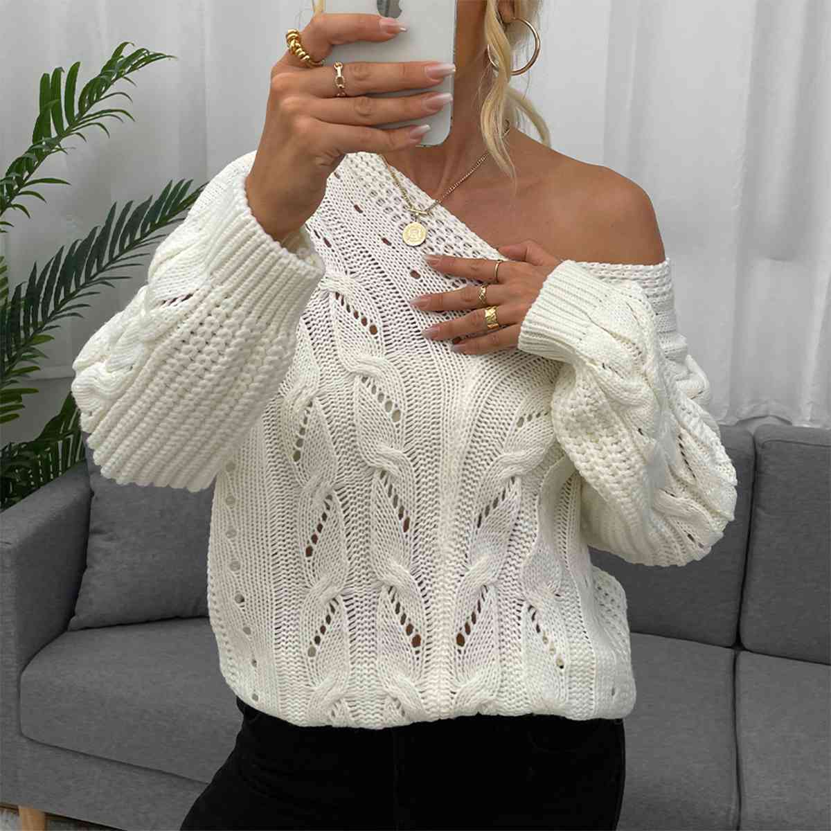 Openwork V-Neck Long Sleeve Sweater Print on any thing USA/STOD clothes
