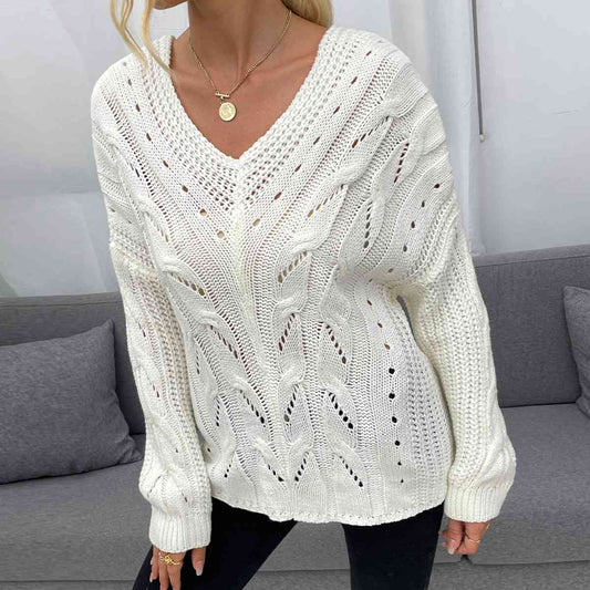 Openwork V-Neck Long Sleeve Sweater Print on any thing USA/STOD clothes