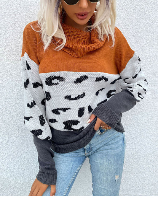 Women's leopard print contrast color long sleeve pullover sweater