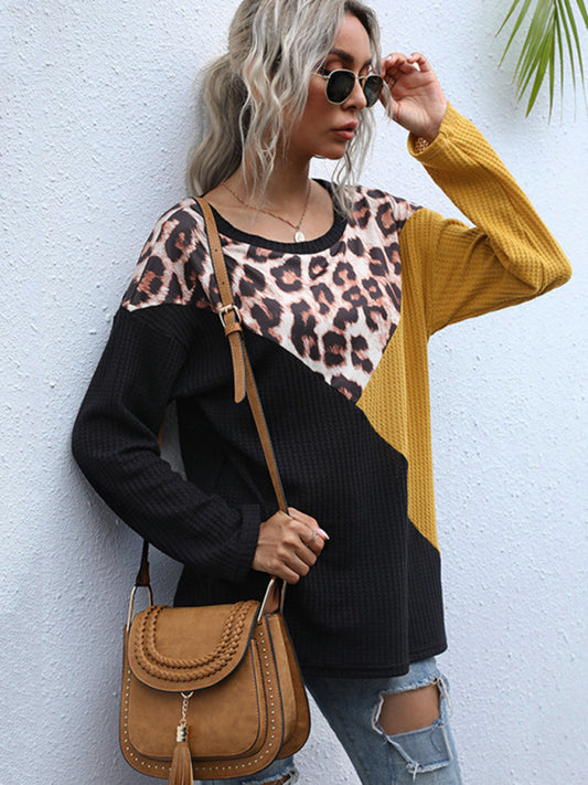 Paneled Crewneck Loose Long Sleeve Mid Length Knit Sweater Print on any thing USA/STOD clothes