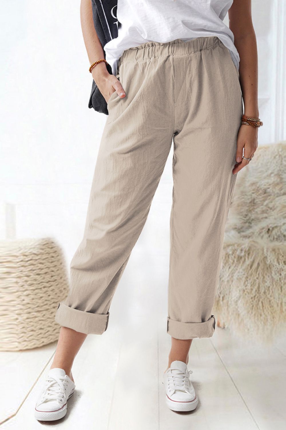 Paperbag Waist Pull-On Pants with Pockets Print on any thing USA/STOD clothes