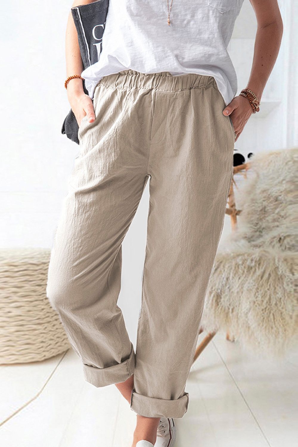 Paperbag Waist Pull-On Pants with Pockets Print on any thing USA/STOD clothes