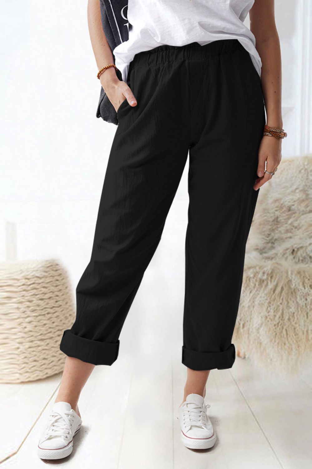 Paperbag Waist Pull-On Pants with Pockets Print on any thing USA/STOD clothes