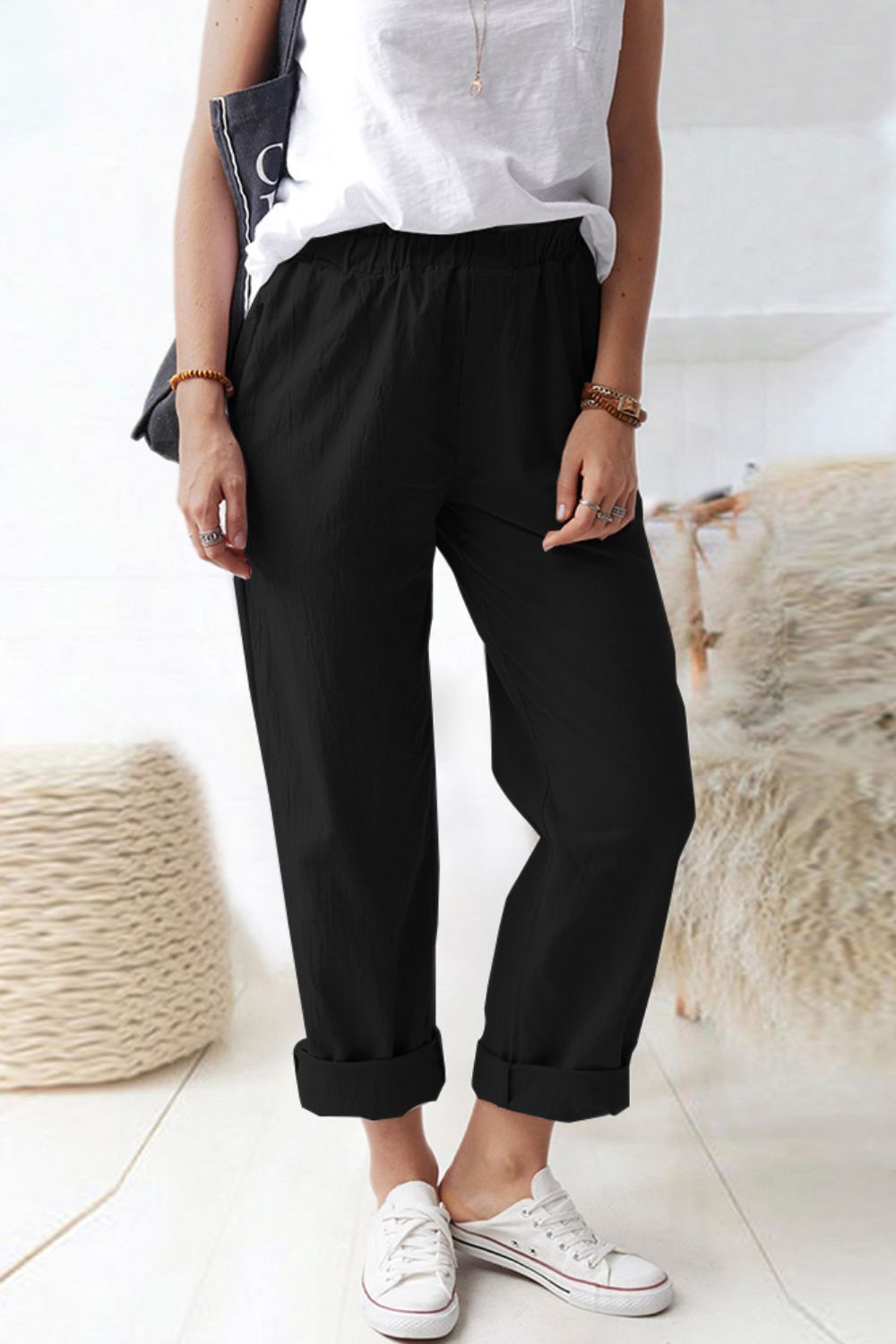 Paperbag Waist Pull-On Pants with Pockets Print on any thing USA/STOD clothes