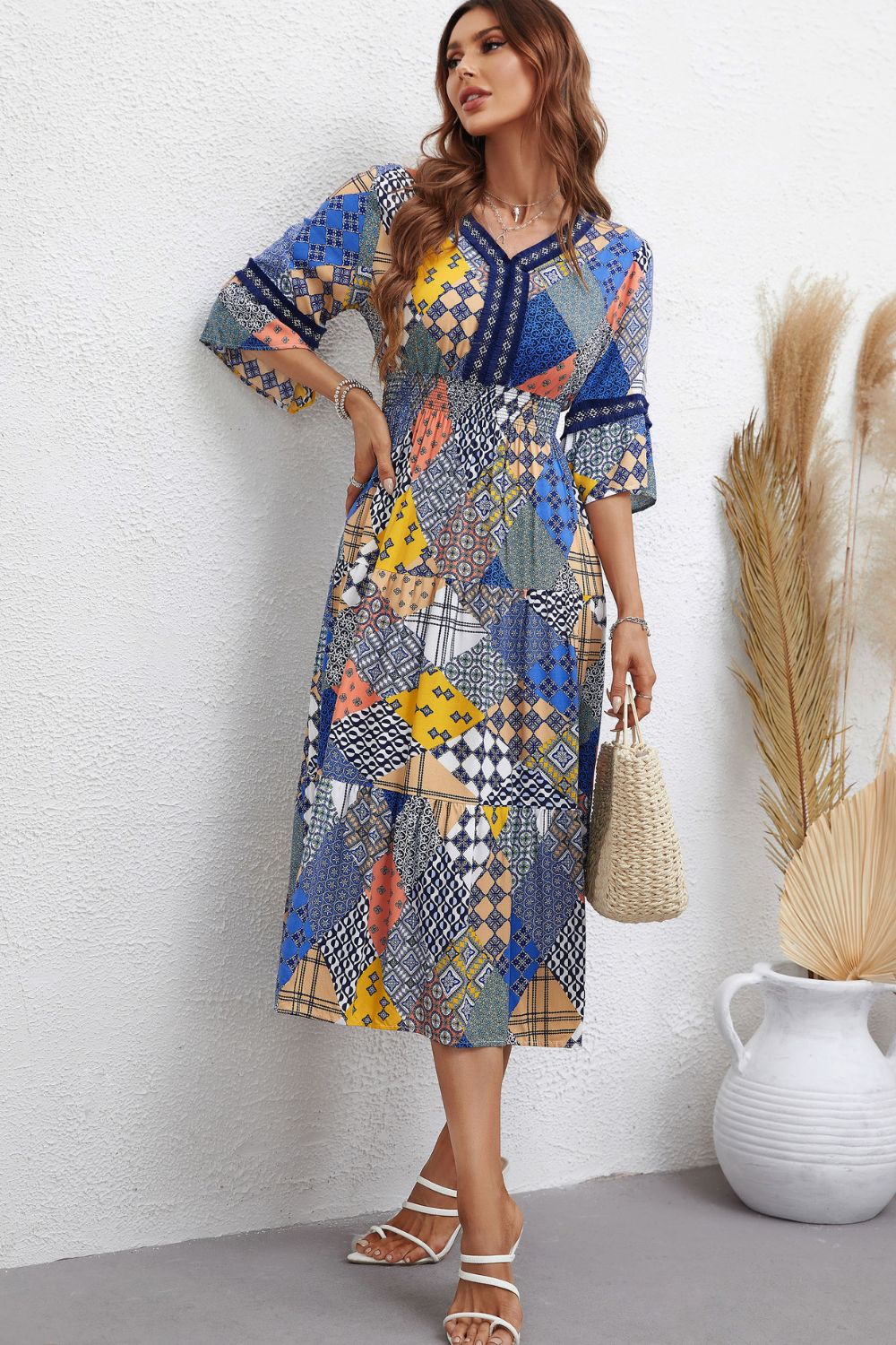 Patchwork V-Neck Tiered Midi Dress Print on any thing USA/STOD clothes