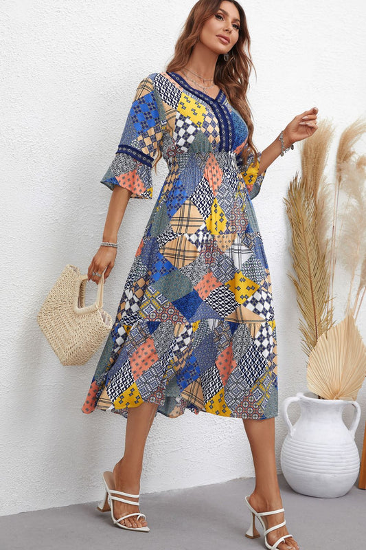 Patchwork V-Neck Tiered Midi Dress Print on any thing USA/STOD clothes