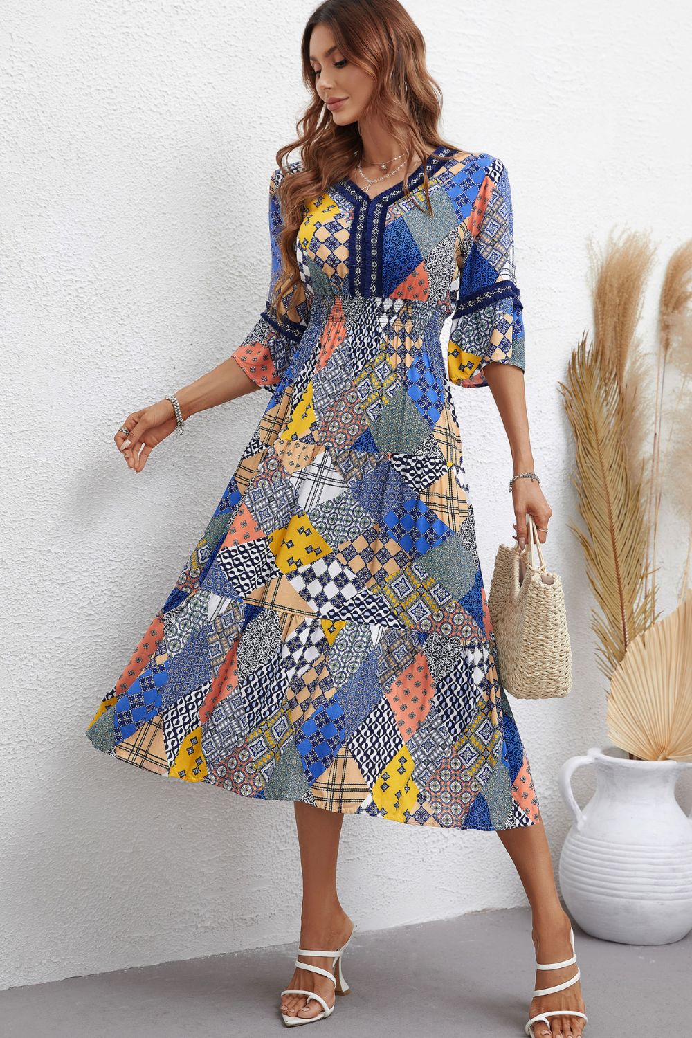 Patchwork V-Neck Tiered Midi Dress Print on any thing USA/STOD clothes