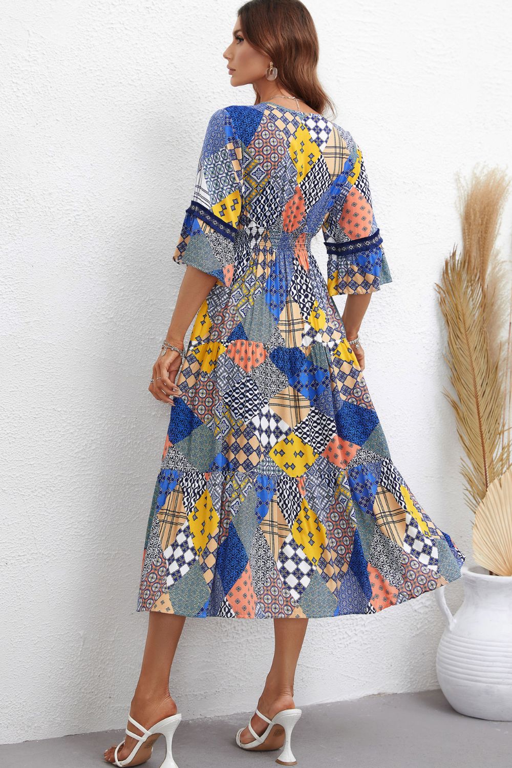 Patchwork V-Neck Tiered Midi Dress Print on any thing USA/STOD clothes