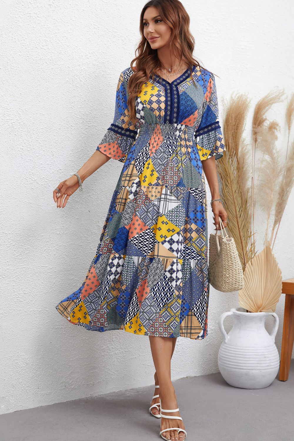 Patchwork V-Neck Tiered Midi Dress Print on any thing USA/STOD clothes