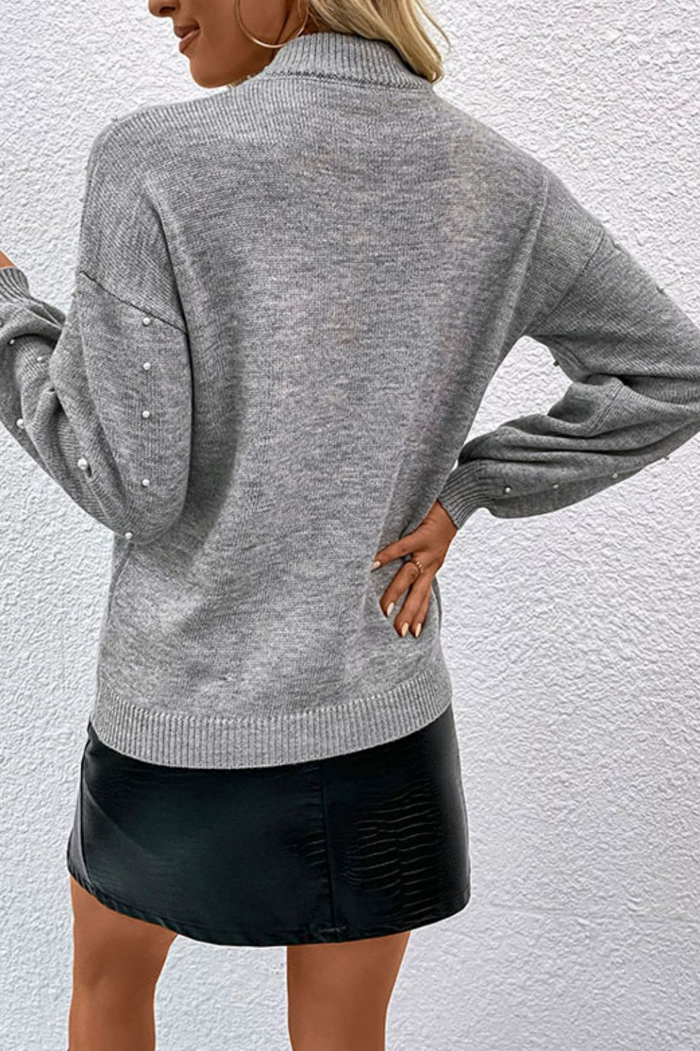 Pearl Dropped Shoulder Ribbed Trim Sweater Print on any thing USA/STOD clothes