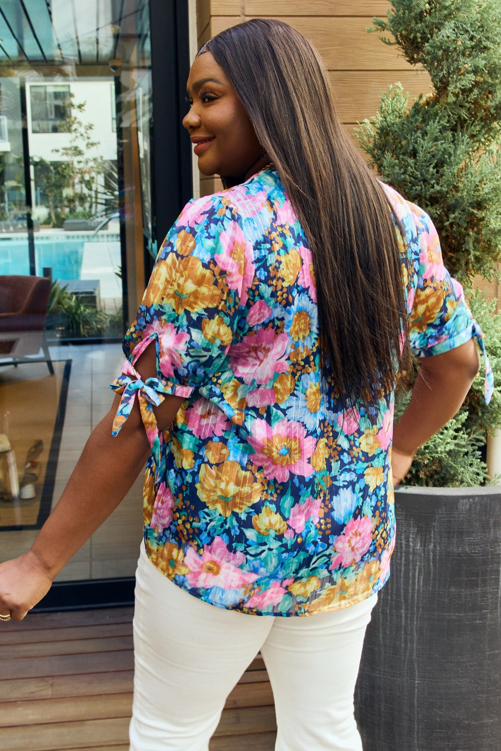 Petal Dew Full Size Floral V-Neck Tie Detail Blouse Print on any thing USA/STOD clothes