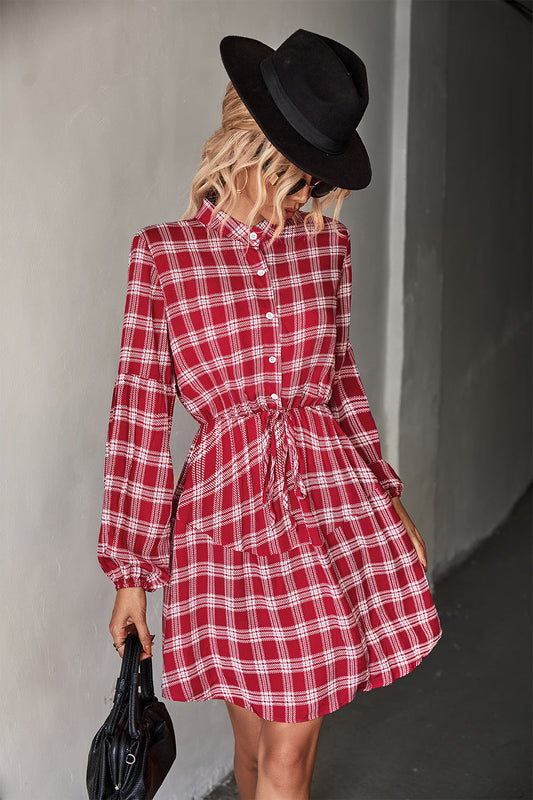 Plaid Band Collar Drawstring Shirt Dress Print on any thing USA/STOD clothes